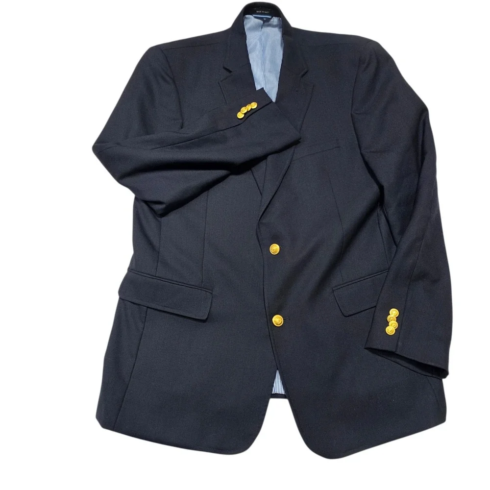 Tommy Hilfiger‎ Mens Navy Blue Worsted Wool Two Button Blazer 44L Sport Coat